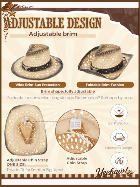 Straw Cowboy Hat Set with Shapeable Brim and Metal Chain Belts main image 6